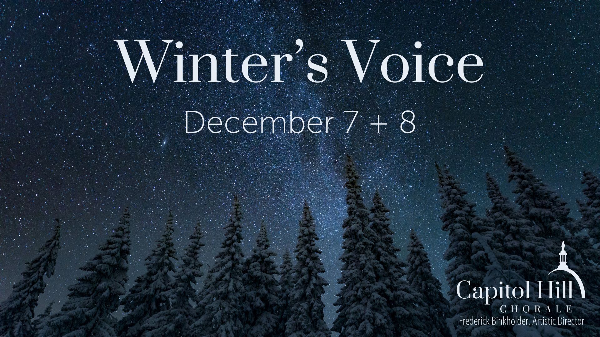 Winter's Voice - Snow covered pine trees against a starry sky